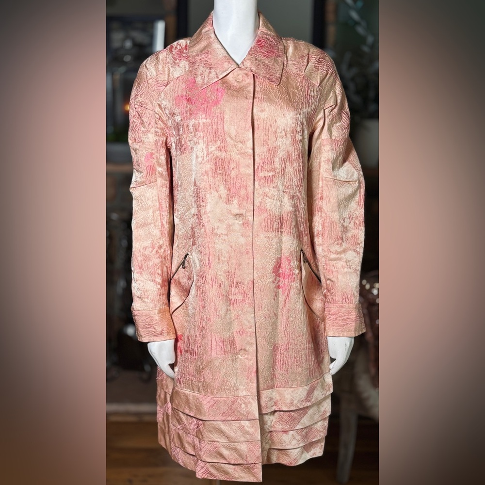 Richard Chai Rose Gold Balmacaan Jacquard Silk Acetate Evening Coat, Szs 8 & 10